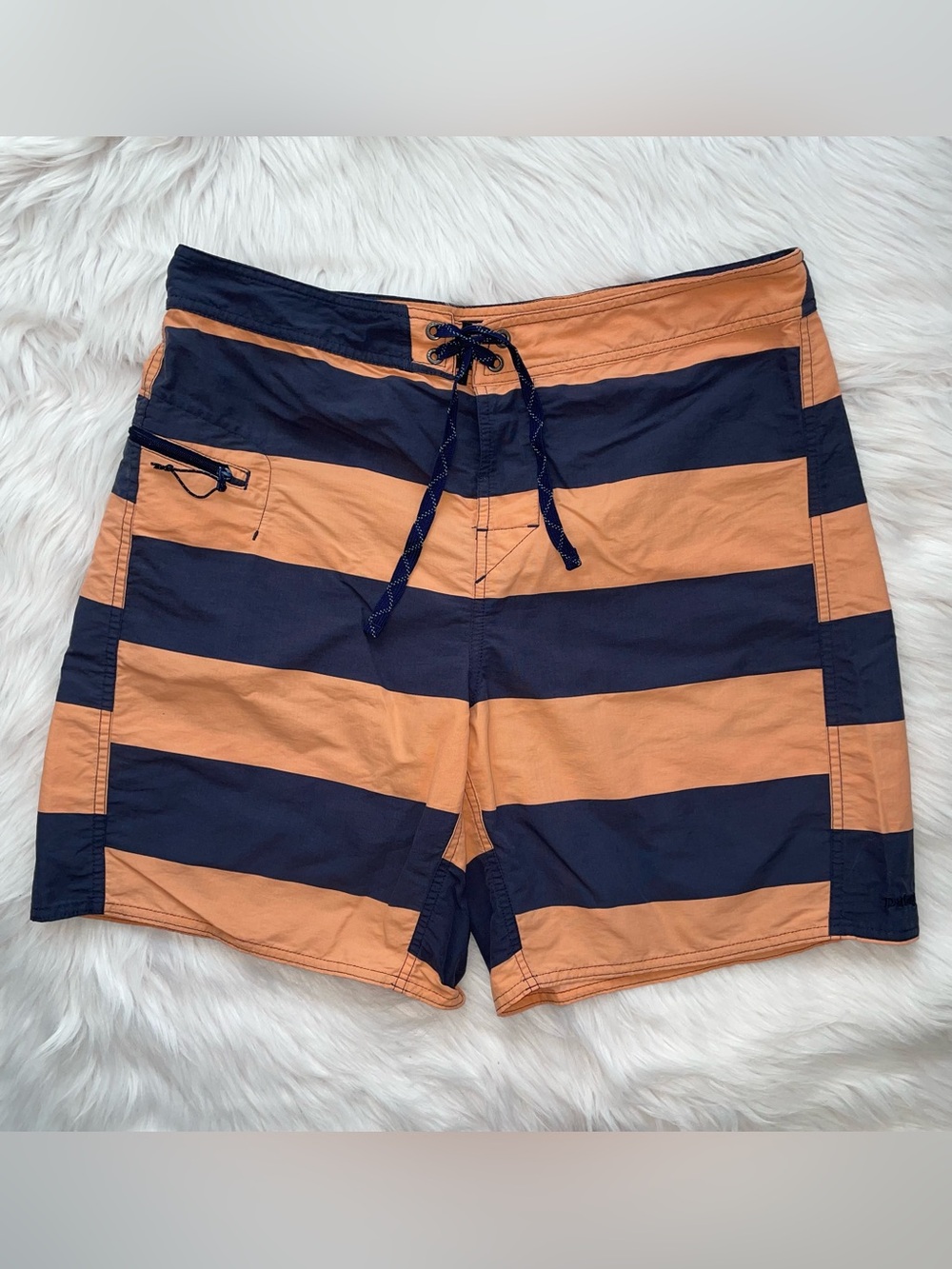 Patagonia minimalist wavefarer striped board shorts men’s 34 unlined orange navy